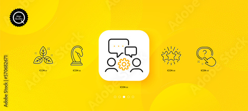 Fair trade, Marketing strategy and Star minimal line icons. Yellow abstract background. Question button, Engineering team icons. For web, application, printing. Vector