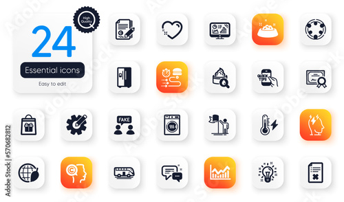 Set of Business flat icons. Infochart, Idea and Dryer machine elements for web application. Environment day, Bus tour, Reject file icons. Cogwheel, Moisturizing cream, Inclusion elements. Vector