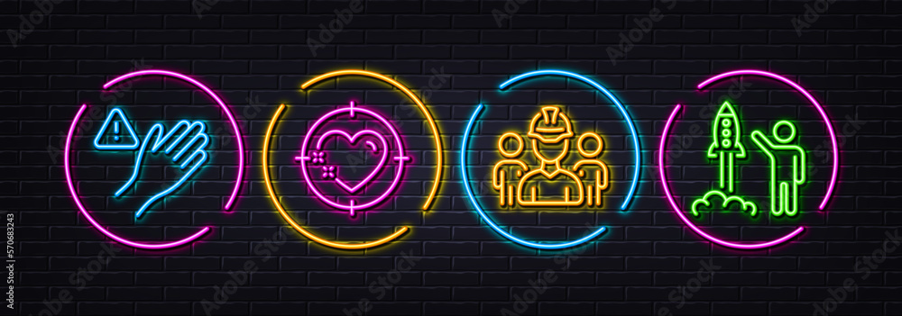 Engineering team, Heart target and Dont touch minimal line icons. Neon laser 3d lights. Launch project icons. For web, application, printing. Architect person, Love aim, Clean hand. Vector