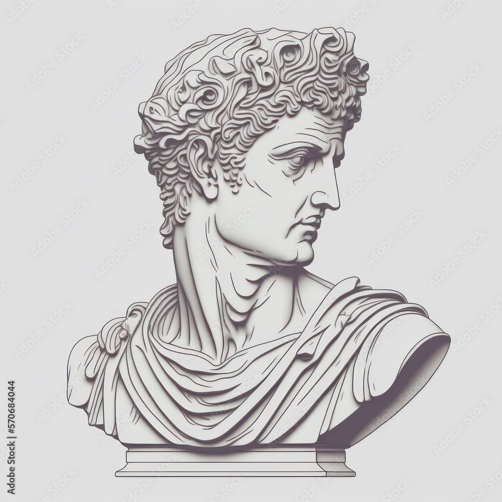Busto hombre griego, escultura renacentista, emperador, fondo liso, estilo 2d, creado con IA generativa Busto hombre griego, escultura renacentista, emperador, fondo liso, estilo 2d, creado con IA generativa