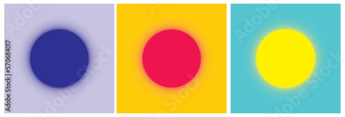 Set of 3 Vector Layouts with Blue, Red and Yellow Glowing Circle Frame on a Violet, Yellow and Blue Backgounds. Simple Geometric Minimalist Prints without Text ideal for Cover, Flayer, Banner, Blanks.