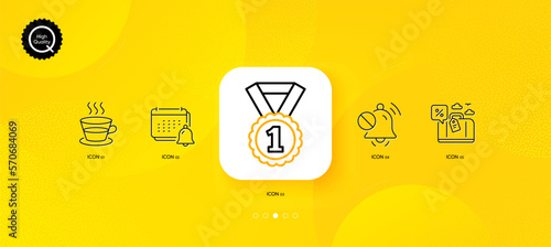 Travel loan, Mute sound and Best rank minimal line icons. Yellow abstract background. Notification, Coffee cup icons. For web, application, printing. Trip discount, Silence, Success medal. Vector