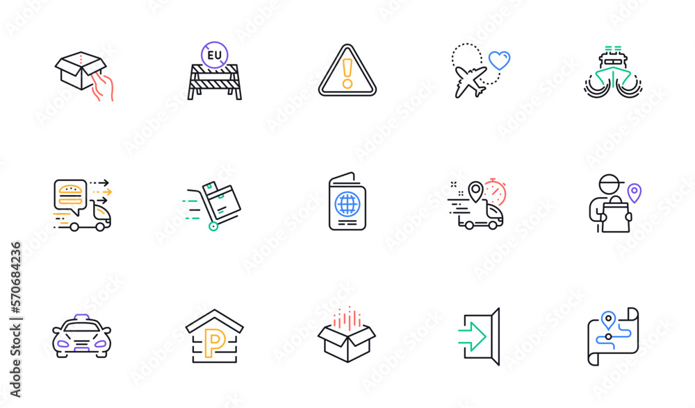 Passport, Hold box and Exit line icons for website, printing. Collection of Ship, Eu close borders, Express delivery icons. Inventory cart, Taxi, Open box web elements. Food delivery. Vector Passport, Hold box and Exit line icons for website, printing. Collection of Ship, Eu close borders, Express delivery icons. Inventory cart, Taxi, Open box web elements. Food delivery. Vector