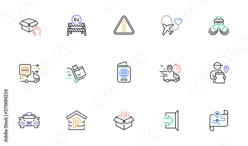 Passport, Hold box and Exit line icons for website, printing. Collection of Ship, Eu close borders, Express delivery icons. Inventory cart, Taxi, Open box web elements. Food delivery. Vector