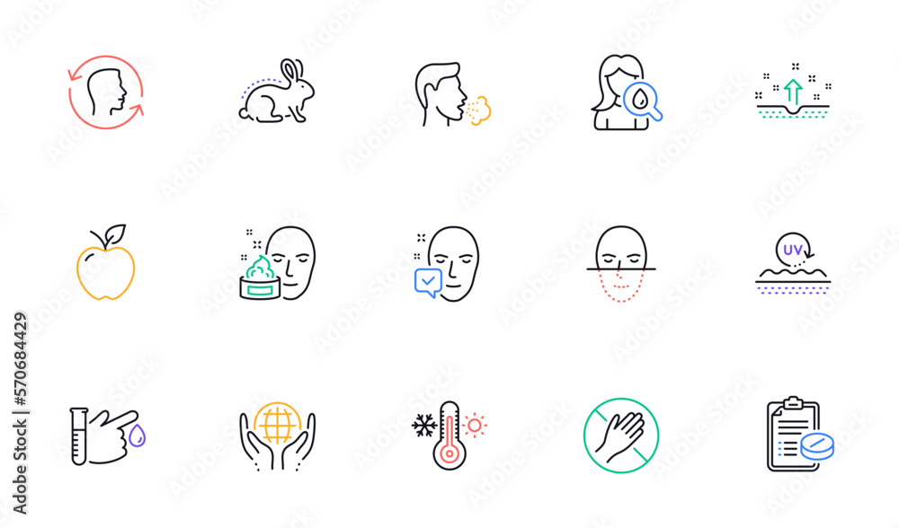 Organic tested, Face accepted and Cough line icons for website, printing. Collection of Face cream, Thermometer, Moisturizing cream icons. Dont touch, Blood donation, Apple web elements. Vector