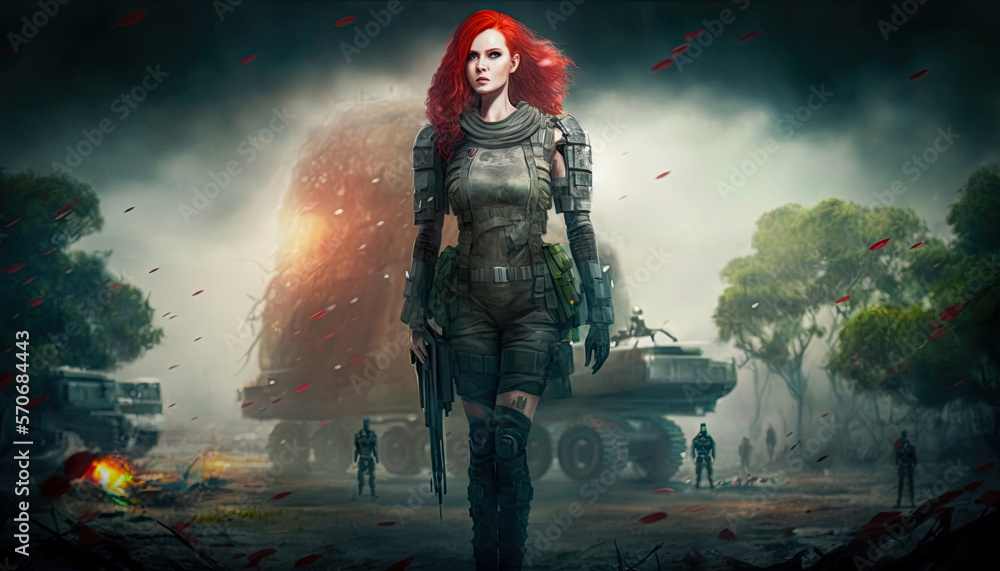 Fototapeta premium A female fantasy warrior with long red hair,