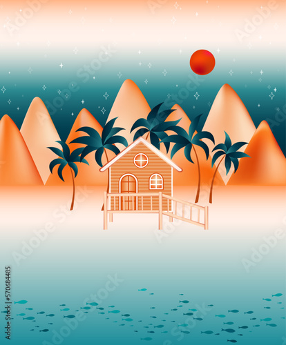 Summer house in Namib desert oasis near the ocean and sand dunes. Vector illustration with palm trees. Paradise sea beach, bungalow summer house for vacation, palms, sand, calm ocean water, sunset sky