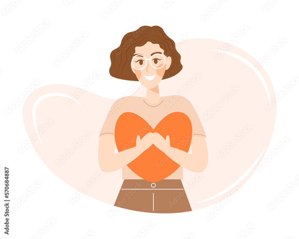 Beautiful smiling girl in glasses hugging a heart. Love yourself, self care and acceptance concept. Vector character in flat cartoon style isolated on white background Beautiful smiling girl in glasses hugging a heart. Love yourself, self care and acceptance concept. Vector character in flat cartoon style isolated on white background