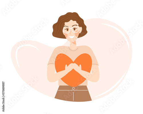 Beautiful smiling girl in glasses hugging a heart. Love yourself, self care and acceptance concept. Vector character in flat cartoon style isolated on white background