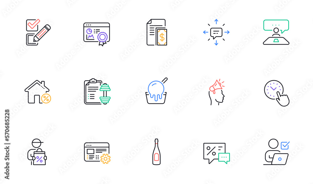 Checkbox, Brand ambassador and Dumbbell line icons for website, printing. Collection of Discounts, Sms, Ice cream icons. Payment, Interview job, Web settings web elements. Champagne. Vector