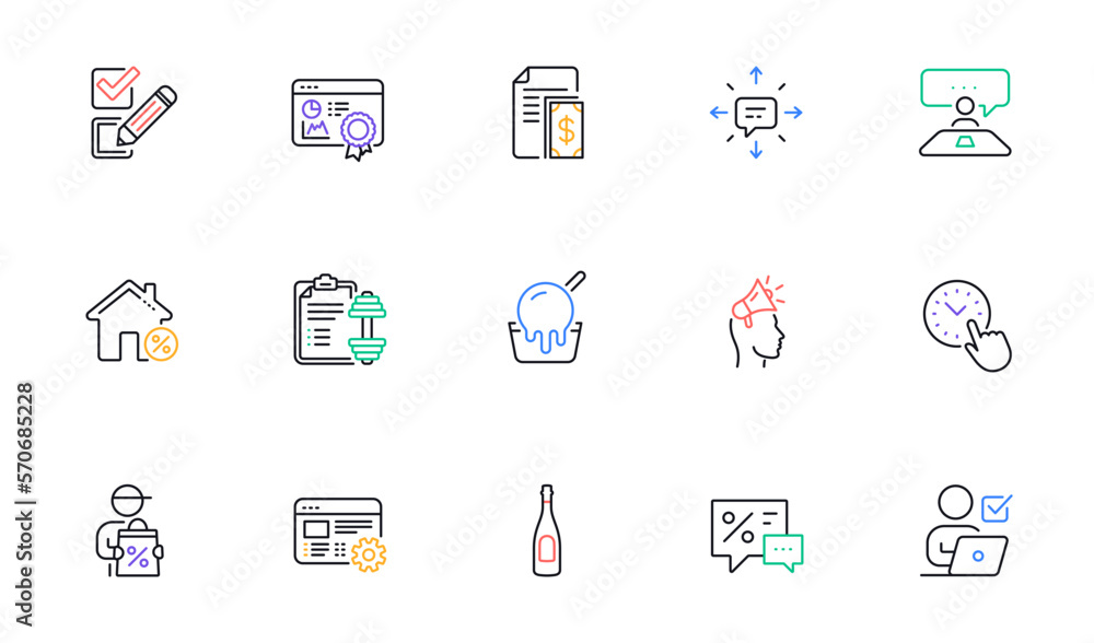 Checkbox, Brand ambassador and Dumbbell line icons for website, printing. Collection of Discounts, Sms, Ice cream icons. Payment, Interview job, Web settings web elements. Champagne. Vector Checkbox, Brand ambassador and Dumbbell line icons for website, printing. Collection of Discounts, Sms, Ice cream icons. Payment, Interview job, Web settings web elements. Champagne. Vector