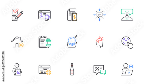 Checkbox, Brand ambassador and Dumbbell line icons for website, printing. Collection of Discounts, Sms, Ice cream icons. Payment, Interview job, Web settings web elements. Champagne. Vector