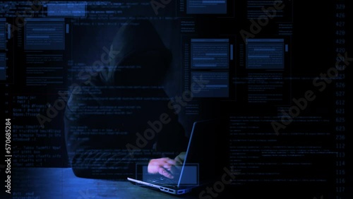 Hacking and technology crime concept. No face hacker with laptop with abstract programming code elements.