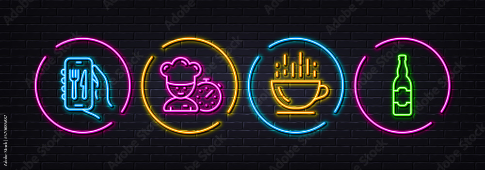 Chef, Restaurant app and Coffee cup minimal line icons. Neon laser 3d lights. Beer bottle icons. For web, application, printing. Food time, Smartphone food, Hot drink. Craft beer. Vector Chef, Restaurant app and Coffee cup minimal line icons. Neon laser 3d lights. Beer bottle icons. For web, application, printing. Food time, Smartphone food, Hot drink. Craft beer. Vector