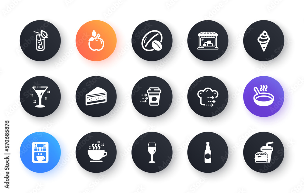 Minimal set of Cocktail, Coffee delivery and Eco food flat icons for web development. Water glass, Frying pan, Market icons. Beer bottle, Coffee maker, Cake web elements. Ice cream. Vector Minimal set of Cocktail, Coffee delivery and Eco food flat icons for web development. Water glass, Frying pan, Market icons. Beer bottle, Coffee maker, Cake web elements. Ice cream. Vector