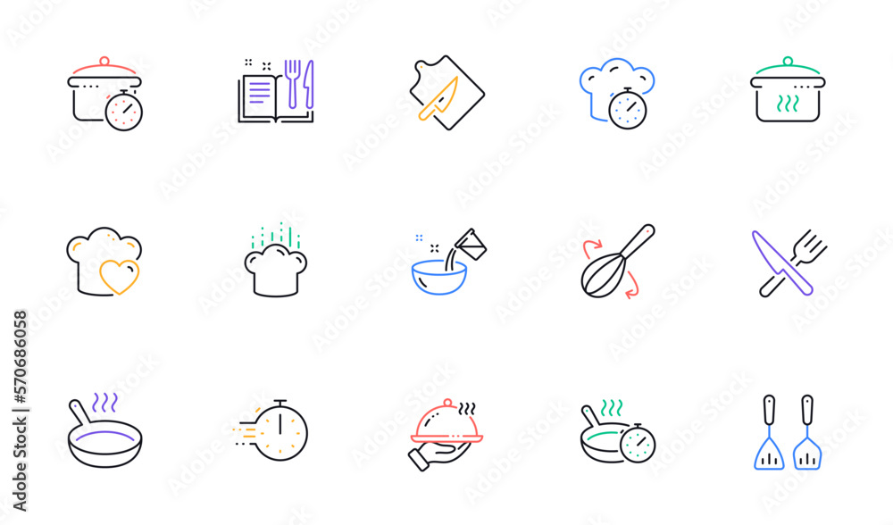Cooking line icons. Boiling time, Frying pan and Kitchen utensils. Fork, spoon and knife line icons. Recipe book, chef hat and cutting board. Linear set. Bicolor outline web elements. Vector Cooking line icons. Boiling time, Frying pan and Kitchen utensils. Fork, spoon and knife line icons. Recipe book, chef hat and cutting board. Linear set. Bicolor outline web elements. Vector