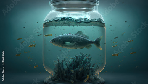 Fisch im tiefen Ozean, grün schimmernd, konserviert in einem Einmachglas
