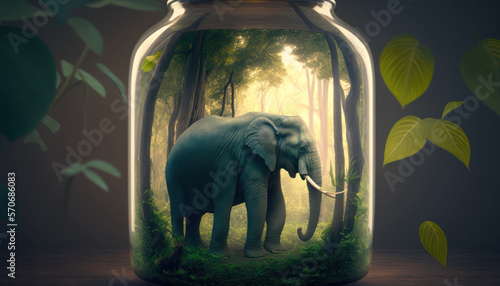 Großer Elefant im grünen Dschungel, konserviert in einem Einmachglas