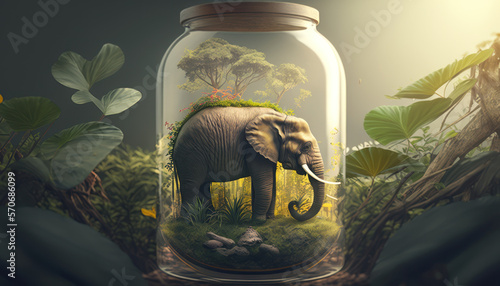 Elefant im grünen Dschungel, konserviert in einem Einmachglas