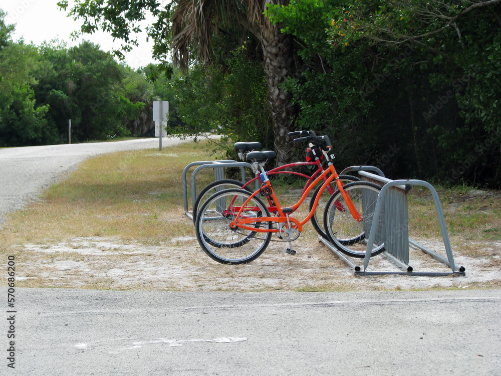 Fototapeta premium SANIBEL FL - DECEMBER 05: Bikes Parked in Rack at Ding Darling Wildlife Refuge 2012