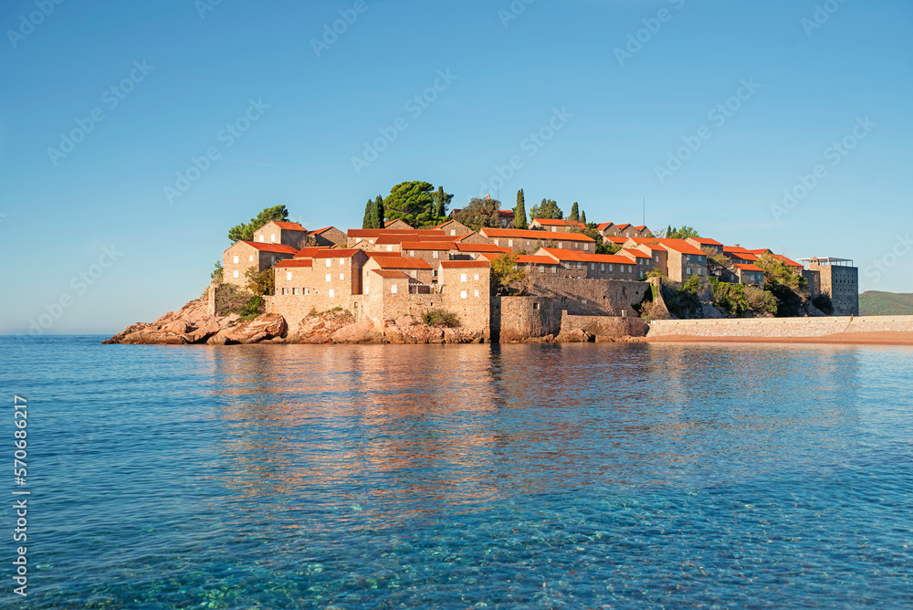 View of the island and the beach of Sveti Stefan in the city of Budva Montenegro