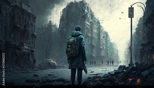 a man stands against the background of a destroyed city, the world after the apocalypse