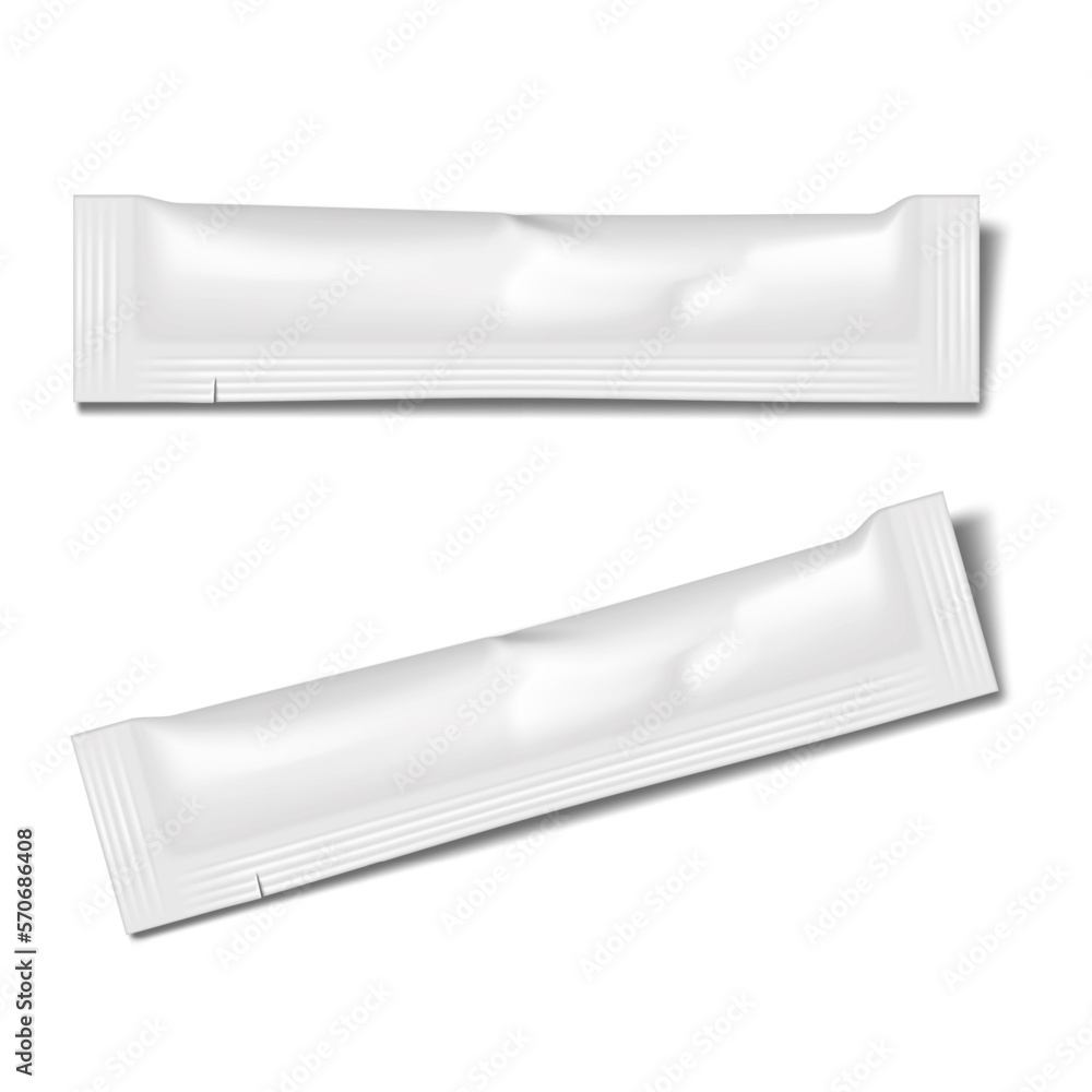Sugar stick sachet packet with tear notches vector mock-up. White blank individual package for food or medical products realistic mockup. Template for design Sugar stick sachet packet with tear notches vector mock-up. White blank individual package for food or medical products realistic mockup. Template for design