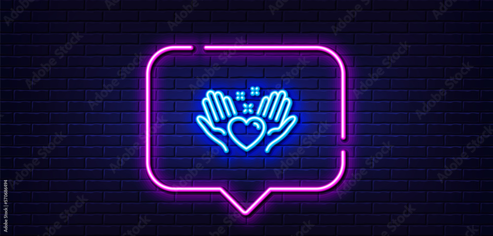 Neon light speech bubble. Hold heart line icon. Friends love sign. Friendship hand symbol. Neon light background. Hold heart glow line. Brick wall banner. Vector Neon light speech bubble. Hold heart line icon. Friends love sign. Friendship hand symbol. Neon light background. Hold heart glow line. Brick wall banner. Vector