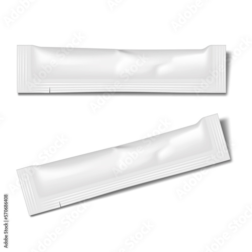 Sugar stick sachet packet with tear notches vector mock-up. White blank individual package for food or medical products realistic mockup. Template for design