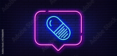 Neon light speech bubble. Capsule pill line icon. Medical drugs sign. Pharmacy medication symbol. Neon light background. Capsule pill glow line. Brick wall banner. Vector