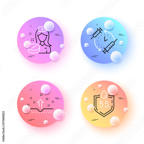 Ph neutral, Vaccination schedule and Nurse minimal line icons. 3d spheres or balls buttons. Clean skin icons. For web, application, printing. Water, Injection time, Medicine pill. Cosmetics. Vector