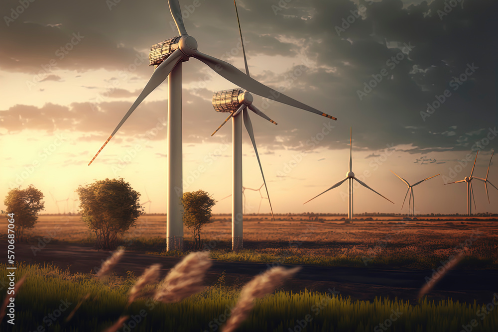 Φωτογραφία Wind Turbinrd park st sunset, eolic park. Travel. AI-Generated