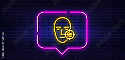 Neon light speech bubble. Problem face skin line icon. Need facial care sign. Target symbol. Neon light background. Problem skin glow line. Brick wall banner. Vector