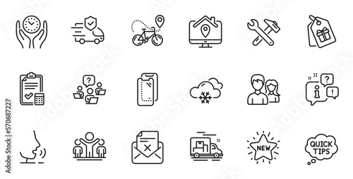 Outline set of Reject letter, Work home and Quick tips line icons for web application. Talk, information, delivery truck outline icon. Include Teamwork question, New star, Couple icons. Vector