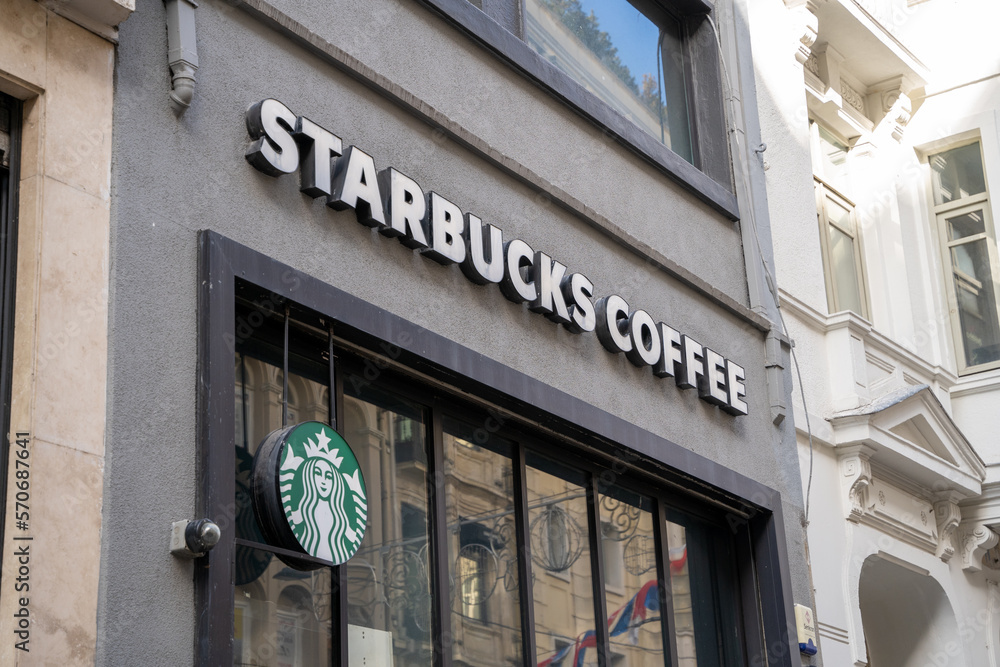 Istanbul, Turkey February 10, 2023 Starbucks sign and logo on