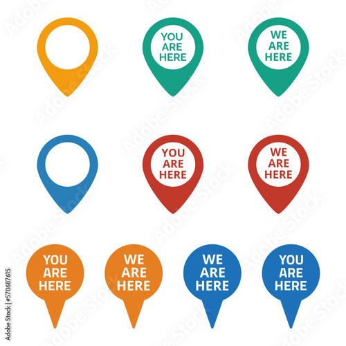 Set of colorful map markers on white background.