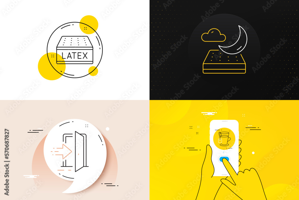 Minimal set of Latex mattress, Night mattress and Tea line icons. Phone screen, Quote banners. Entrance icons. For web development. Sleeping pad, Glass mug, Open door. Latex mattress line icon. Vector Minimal set of Latex mattress, Night mattress and Tea line icons. Phone screen, Quote banners. Entrance icons. For web development. Sleeping pad, Glass mug, Open door. Latex mattress line icon. Vector