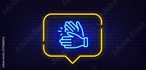 Neon light speech bubble. Clapping hands line icon. Clap sign. Victory gesture symbol. Neon light background. Clapping hands glow line. Brick wall banner. Vector