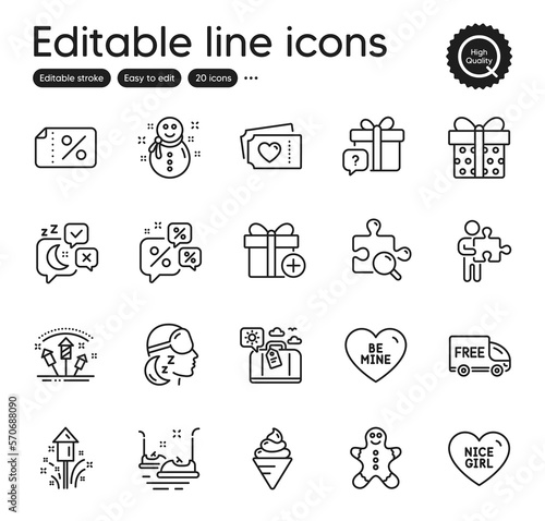 Set of Holidays outline icons. Contains icons as Fireworks, Gingerbread man and Sleep elements. Snowman, Search puzzle, Discounts chat web signs. Discount banner, Bumper cars. Vector