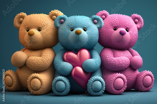 Three colorful teddy bears holding hearts for Valentine's Day