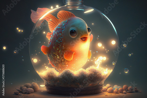 Happy goldfish in an aquarium with glowing balls photo