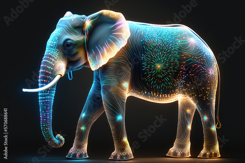 Elephant with Neon lights on a dark background. Generative AI