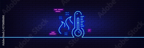 Neon light glow effect. High thermometer line icon. Temperature diagnostic sign. Fever measuring symbol. 3d line neon glow icon. Brick wall banner. High thermometer outline. Vector