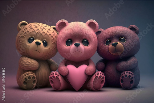 Pink teddy bear sits and holds a heart, multi-colored teddy bear friends sit next to it