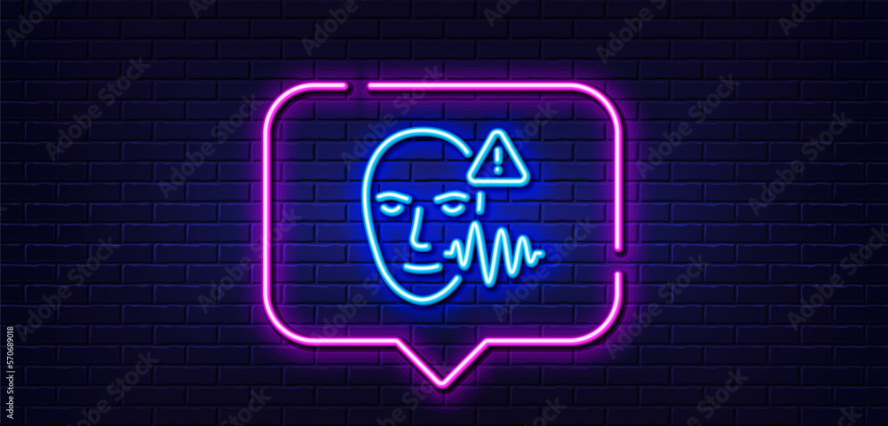 Neon light speech bubble. Voice wave line icon. Face scan sign. Voice verification symbol. Neon light background. Voice wave glow line. Brick wall banner. Vector Neon light speech bubble. Voice wave line icon. Face scan sign. Voice verification symbol. Neon light background. Voice wave glow line. Brick wall banner. Vector