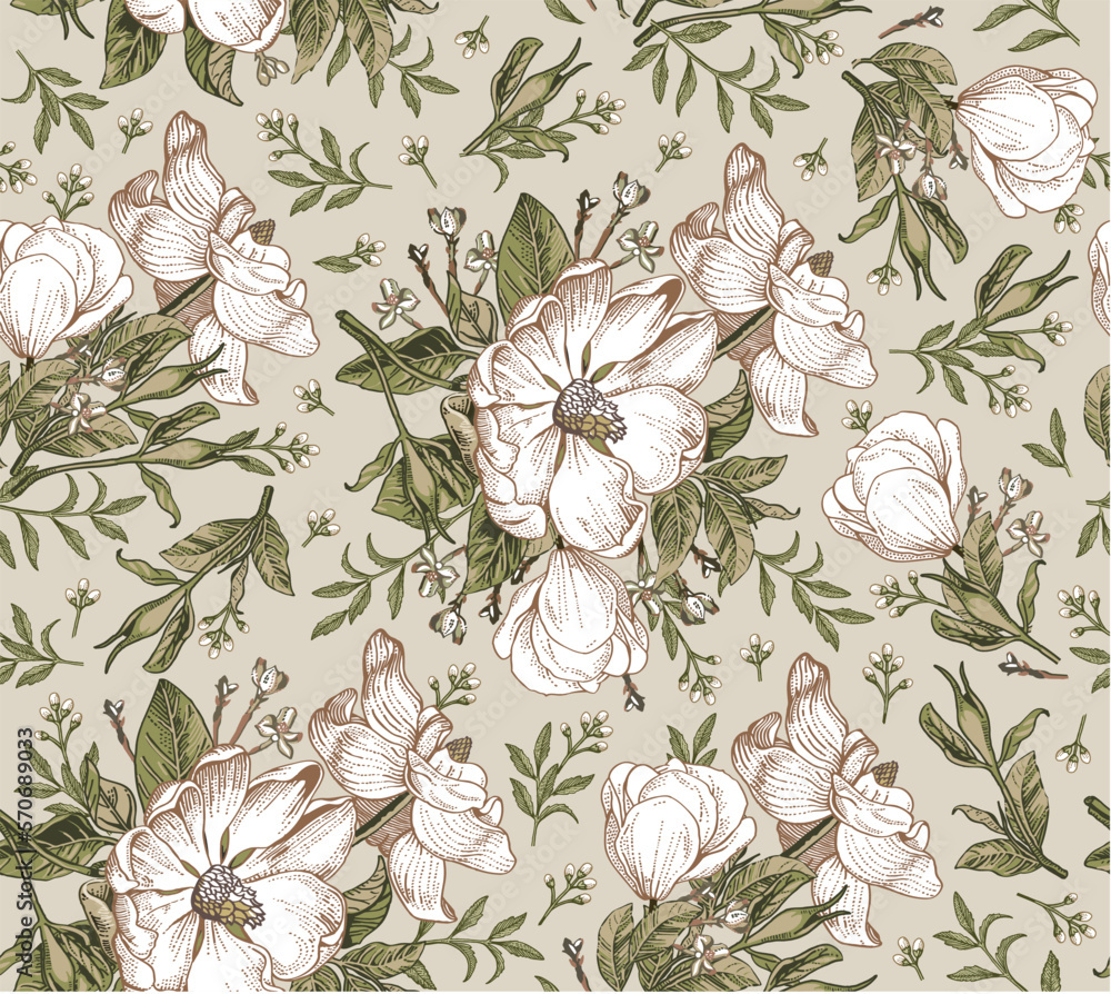 Seamless pattern. Dogrose Rosehip Wild rose. Beautiful fabric blooming realistic isolated flowers. Vintage background. Wallpaper baroque retro. Drawing engraving sketch. Vector victorian Illustration 
