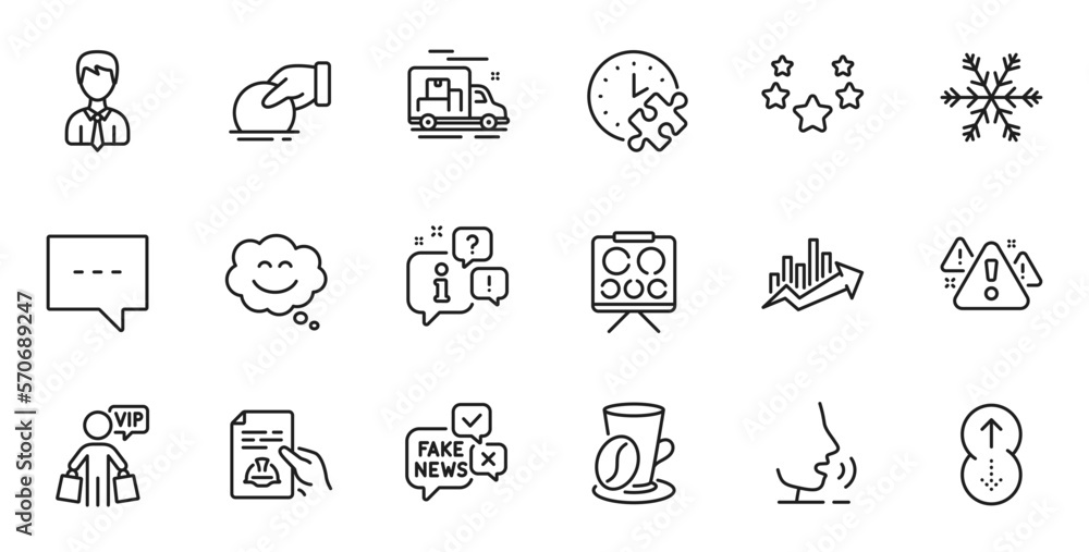 Outline set of Stars, Donate and Air conditioning line icons for web application. Talk, information, delivery truck outline icon. Include Blog, Fake news, Puzzle time icons. Vector