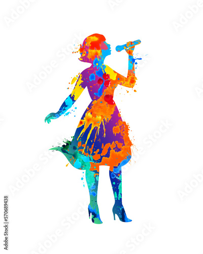 Girl singer vector silhouette of watercolor splash paint