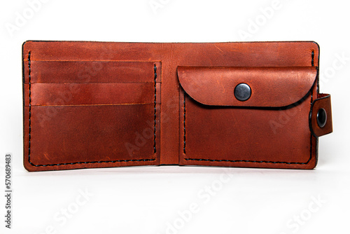 Close-up of a handmade leather wallet.