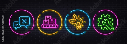 Wholesale goods, Reject and Eco energy minimal line icons. Neon laser 3d lights. Customisation icons. For web, application, printing. Warehouse belt, Delete message, Lightbulb. Settings. Vector